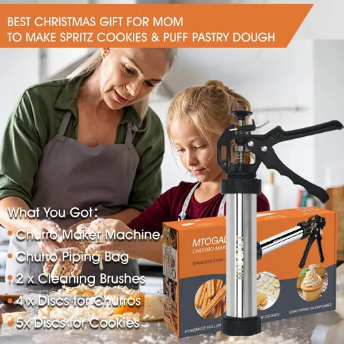 Vista 7 de Máquina para hacer churros, kit de pistola Churro de acero inoxidable de 21 piezas, pistola para hacer churros, juego de prensa de galletas, churro