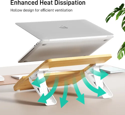 Vista 6 de AFOOYO Soporte ajustable de bambú para laptop, elevador de computadora portátil, soporte ergonómico para portátil con reposamuñecas, compatible