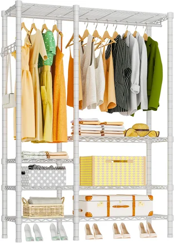 Vista 13 de Perchero de Ropa Resistente, 3 Niveles de Estantes de Alambre Metálicos Ajustables, Organizador de Armario y Perchero de Almacenamiento para Colgar