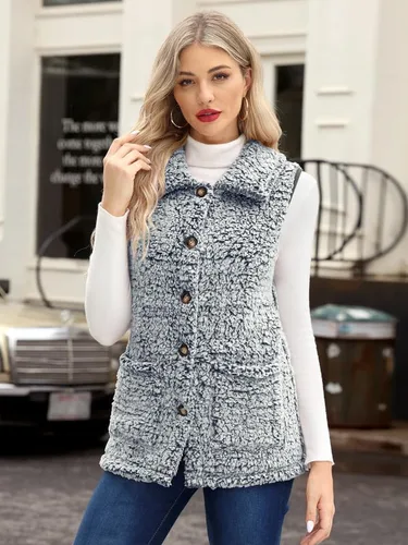 Vista 3 de Spadehill Chaleco de forro polar para mujer, chaleco de solapa cálido para otoño e invierno