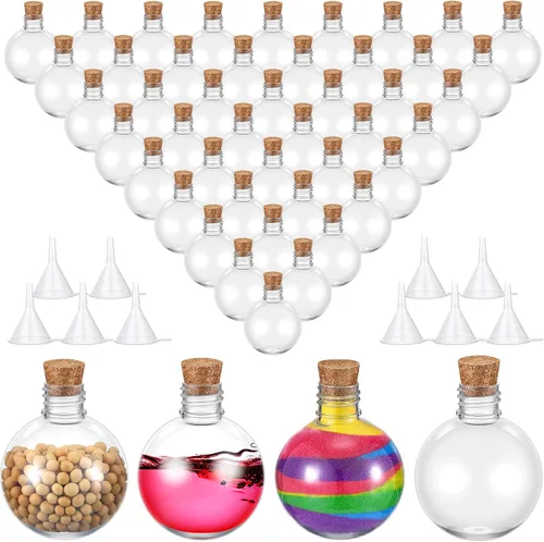 Vista 8 de FoldTier 48 botellas de plástico para poción con tapas, botellas redondas de arena de 3.4 onzas, recipientes esféricos de plástico transparente