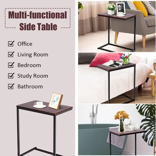 Vista 6 de Mesa auxiliar para sofá cama, mesa auxiliar compacta en forma de C con acabado de madera y marco de metal, mesa de bandeja de TV portátil para café