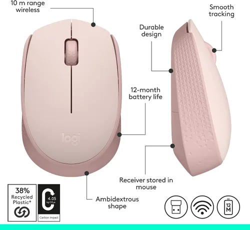 Vista 8 de Logitech Mouse inalámbrico M170 para PC, Mac, laptop, 2.4 GHz con mini receptor USB, seguimiento óptico, duración de la batería de 12 meses, Rosa