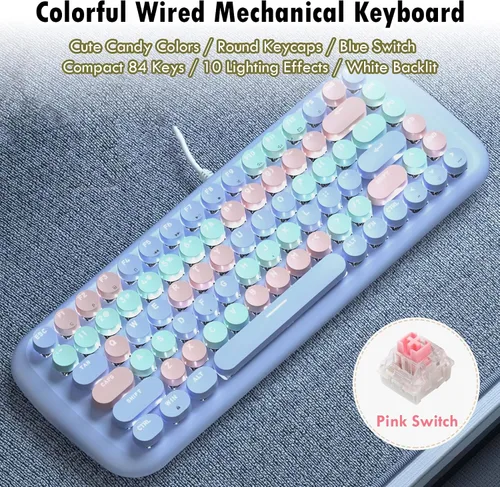 Vista 2 de Lomiluskr Lindo teclado mecánico con cable colorido para niñas y niños, teclas redondas, 84 teclas compactas, 10 efectos de iluminación Azul