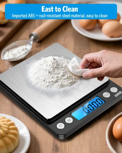 Vista 7 de AMIR - Báscula digital de cocina, 17.64 oz, báscula de bolsillo para joyas, báscula de cocina con pantalla LCD retroiluminada, 2 bandejas, 6