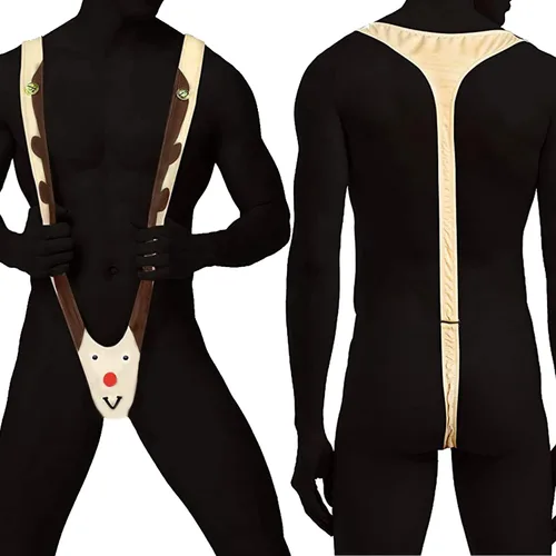 Vista 4 de Reno de Navidad para hombre, divertido regalo de broma traviesa para adultos, traje de baño de tanga con campanas, idea única de intercambio