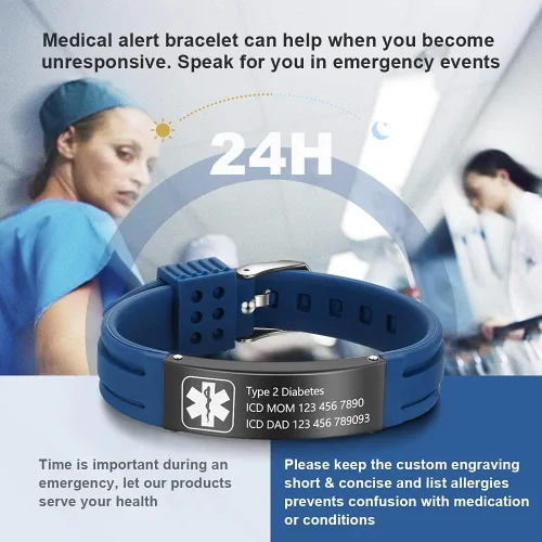 Vista 3 de OPALSTOCK Pulseras médicas personalizadas de silicona ajustable para identificación de emergencias, grabado gratuito, 9 pulgadas, resistente al