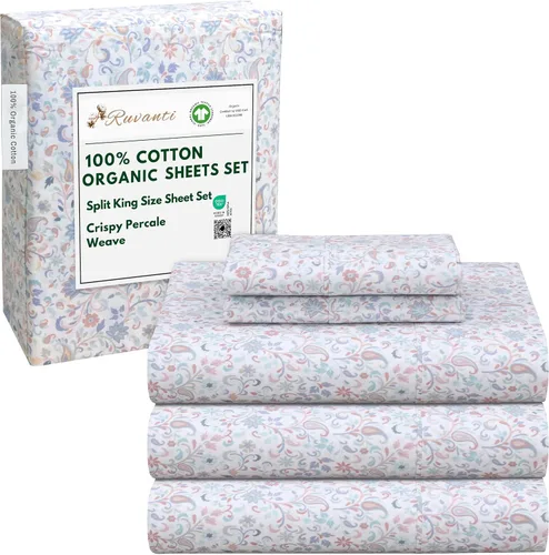 Vista 198 de RUVANTI Juego de sábanas de algodón orgánico 100% tamaño completo, tejido de percal, certificado GOTS, juego de 4 piezas, bolsillo profundo de 15