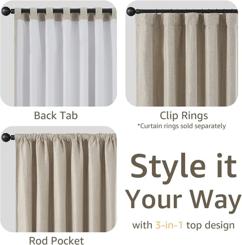 Vista 5 de Cortinas opacas completas de 63 pulgadas de largo para dormitorio, cortinas texturizadas de lino beige con forro con aislamiento térmico, cortinas