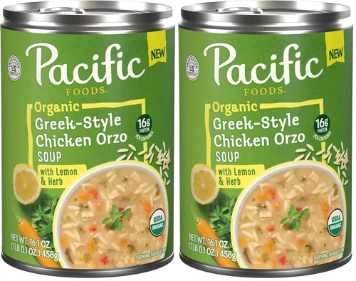 Vista 10 de Pacific Foods Caldo de pollo orgánico estilo griego con orzo, limón y hierba, lata de 16.1 oz