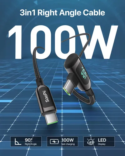 Vista 3 de SOOPII 100W Cable USB C a USB C de Ángulo Recto, Cable de Aleación de Zinc de 1 Pie de Tipo-C Trenzado de Nylon con Pantalla LED para iPad
