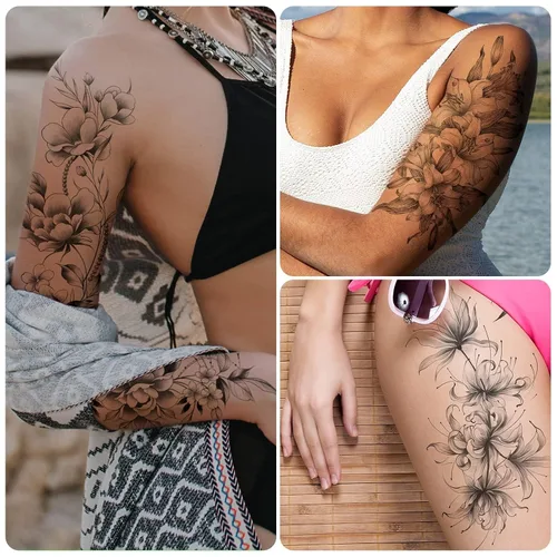 Vista 4 de EMOME 12 hojas de tatuajes temporales sexys para mujeres, flores de medio brazo, manga de tatuajes falsos, calcomanías de tatuaje realistas