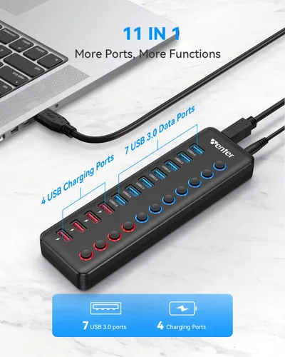 Vista 2 de Wenter Hub USB 3.0 alimentado, divisor de concentrador de 11 puertos