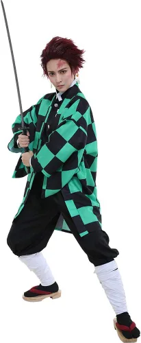 Vista 3 de miccostumes Disfraz de anime para hombre, kimono negro y verde, uniforme