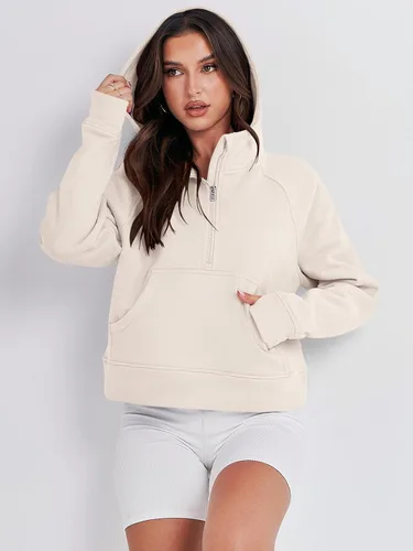Vista 8 de ANRABESS Sudaderas con capucha corta con media cremallera para mujer, sudadera de forro polar con cremallera de un cuarto, ropa de invierno 2023