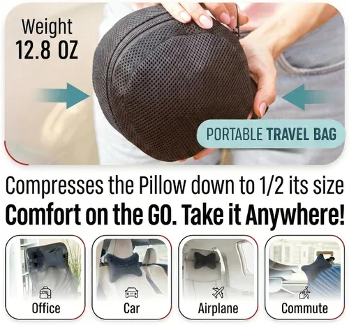 Vista 4 de Aeris, almohada de cuello para viajes con tira ajustable y bolsa portable, cojín de viaje con espuma viscoelástica, con funda de velur