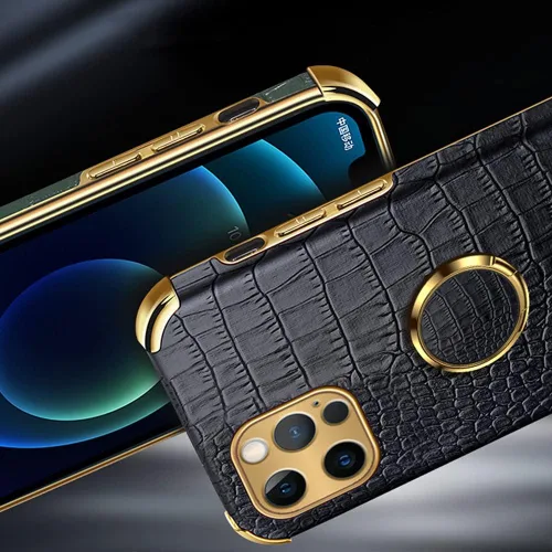 Vista 6 de Guppy Compatible con iPhone 15 Pro Max - Funda protectora de piel de cocodrilo de lujo, borde dorado, rotación de 360 grados para mujer, funda