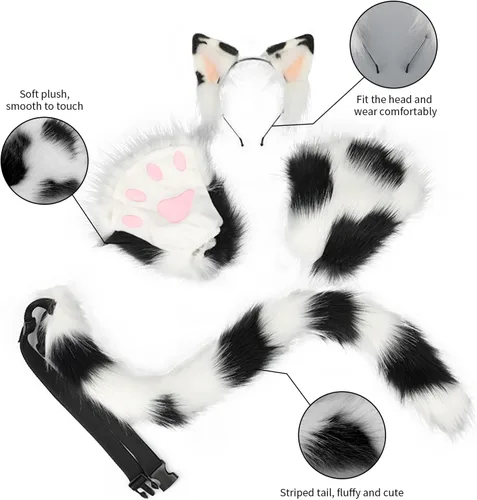 Vista 3 de JUNBOON Juego de orejas de gato de piel sintética y cola de lobo y zorro para adultos y niños, kit de guantes con garras para fiesta de Halloween