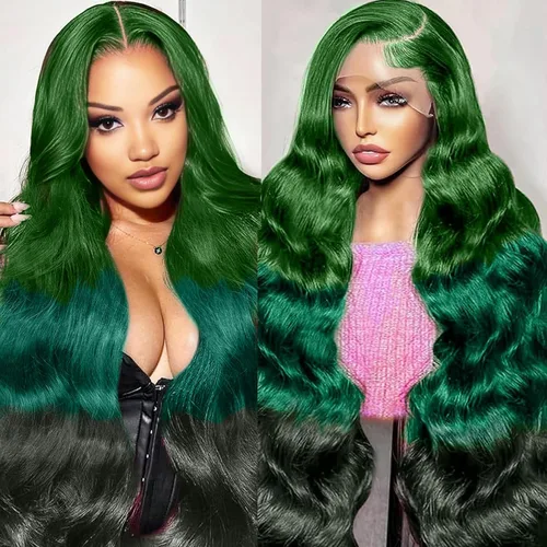 Vista 17 de Colorful Bird Pelucas de cabello humano brasileño ondulado con encaje frontal de 13 x 4 HD, predepilada con abuelitos, color verde oscuro, pelucas