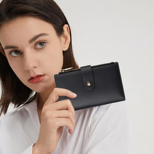 Vista 6 de Billetera con bloqueo RFID para mujer, delgada y delgada, de cuero plegable, funda de tarjetas de gran capacidad, cartera larga para mujer