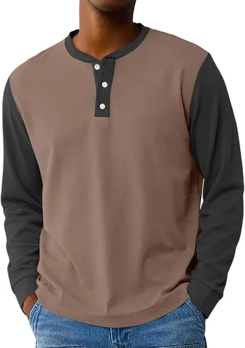 Vista 16 de Camisas de manga larga Henley con bloques de color para hombre, estilo casual, con botones, clásica, suave, transpirable