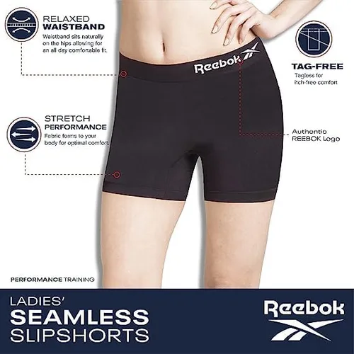 Vista 3 de Reebok Ropa interior para mujer y niño, paquete de 4 pantalones cortos sin costuras de pierna larga para mujer