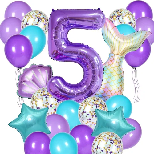 Vista 4 de Decoraciones de cumpleaños de sirena, kit de globos de cola de sirena, decoración de fiesta para niñas de 1 año (Número 1)