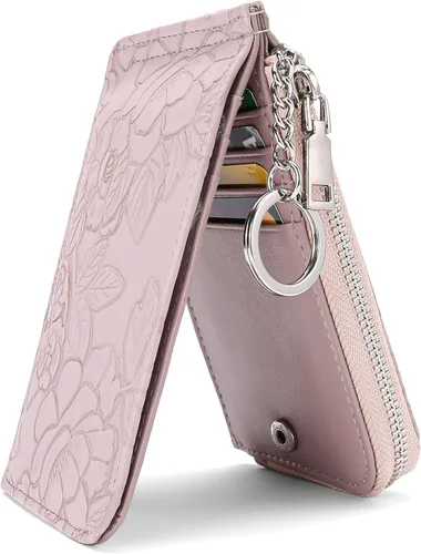 Vista 7 de GAEKEAO Cartera pequeña porta tarjetas de crédito para mujeres RFID de cuero delgada tipo pulsera con llavero y bolsillo con cremallera, Negro