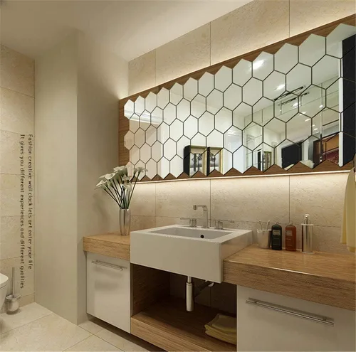 Vista 5 de Pegatinas de pared de espejo sin espejo de cristal, espejo de plástico, 3D, hexagonal, acrílico, decoración de pared, azulejos autoadhesivos