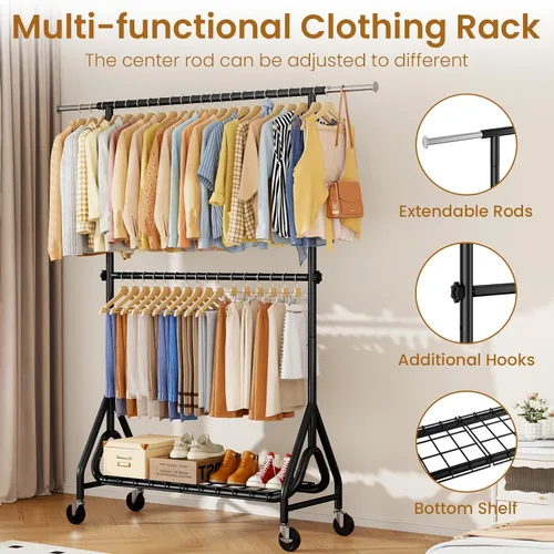 Vista 3 de Perchero resistente para colgar ropa, estante para ropa con dobles varillas y ruedas bloqueables, perchereros enrollables de metal resistentes
