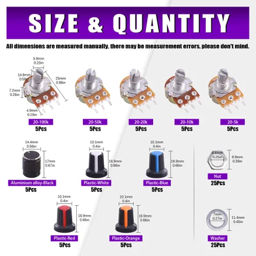 Vista 2 de Swpeet 75pcs B5K 10K 20K 50K 100K Ohm eje moleteado lineal rotatorio potenciómetro cónico con 5 tipos diferentes de perilla (WH148) Kit