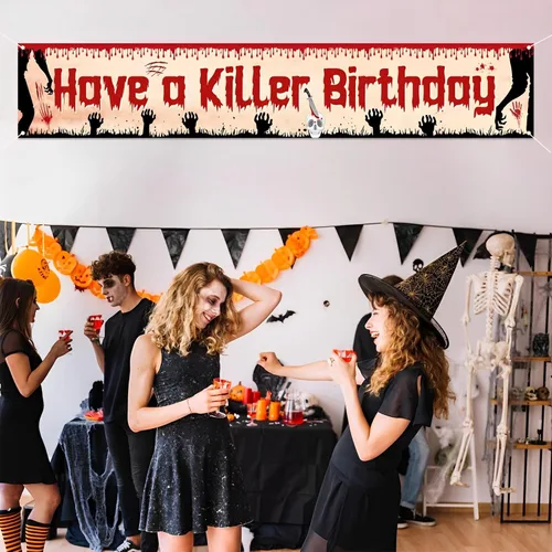 Vista 4 de Labakita Cartel grande de cumpleaños con texto en inglés "Have a Killer", decoración de fiesta de cumpleaños de Halloween, terror de terror
