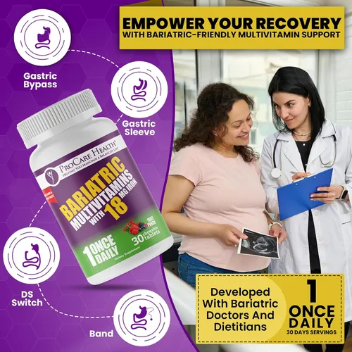 Vista 2 de ProCare Health Multivitamínico masticable bariátrico con hierro de 18 mg (30 tabletas) – Multivitamínico bariátrico con sabor a ponche de fruta