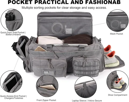 Vista 4 de LHI Bolsa de lona táctica de 50 L para hombres, bolsa de lona y mochila 3 en 1, compartimento para zapatos, funda para laptop y MOLLE, bolsa