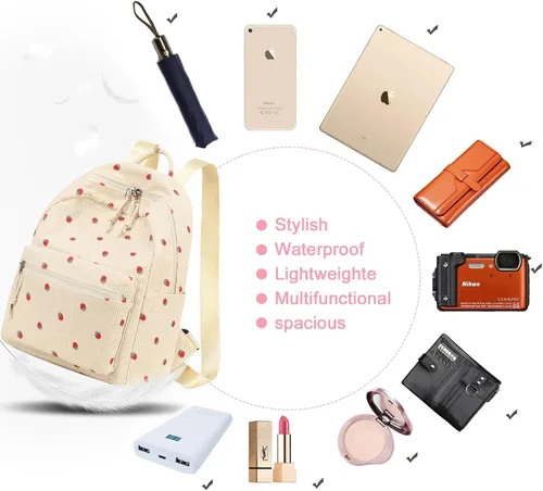 Vista 7 de Bluboon Mini mochilas para niñas pequeñas, mochila escolar, mochila kawaii para mujer, Pana Fresa-beige, Pequeño, Mini mochila casual para niñas