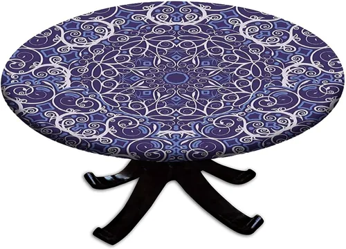 Vista 95 de Mantel redondo ajustable con borde elástico floral azul, mantel con borde elástico de estilo floral pastoral, almohadilla de mesa de poliéster