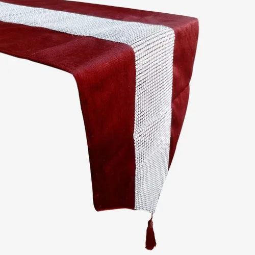 Vista 8 de Camino de mesa con lentejuelas de diamantes de imitación con tira de diamantes y borlas, 13 x 72 pulgadas, color blanco cremoso