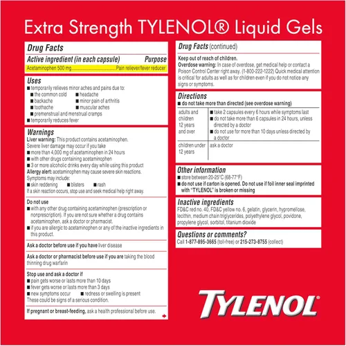 Vista 9 de Tylenol Geles líquidos extra fuertes, alivio del dolor rápido, fuerte, reductor de fiebre para adultos con 500 mg de acetaminofeno, cápsulas de gel