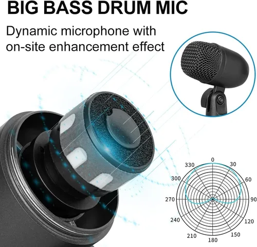 Vista 3 de Depusheng Kit de micrófono dinámico con cable de 5 piezas (completamente metálico) para bombo, tom/redoblante y platillos - Micrófono para tambores