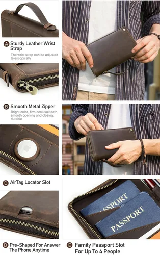 Vista 6 de Funda de cuero de grano superior para pasaporte de viaje para hombre y mujer, hecha a mano para 4 pasaportes y múltiples tarjetas, bloqueo RFID