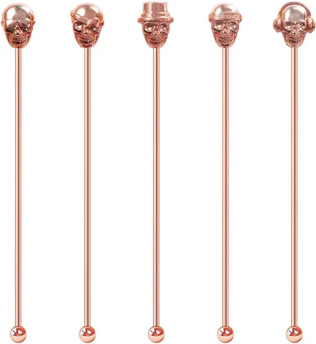 Vista 7 de Palitos Swizzle con forma de calavera, reutilizables, de acero inoxidable, agitadores de bebidas para café, cóctel, paquete de 5 palitos