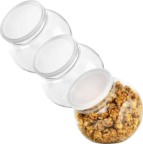 Vista 7 de Paquete de 3 tarros de plástico para caramelos, tarros redondos de 48 onzas con tapas para bufé de dulces, cocina y escritorio de oficina, tarros