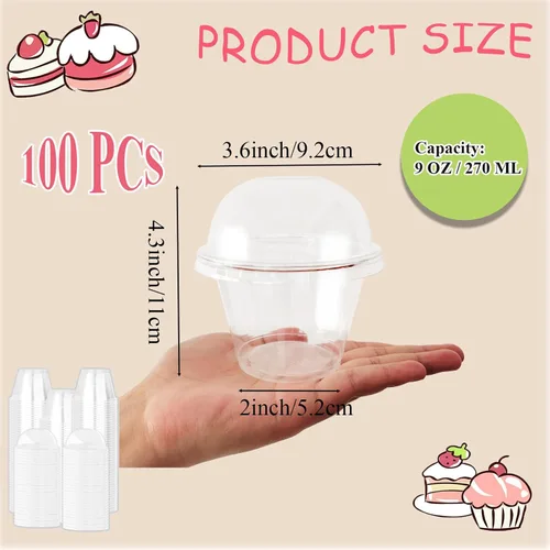 Vista 2 de Szsrcywd Paquete de 100 tazas transparentes de postre de 9 onzas con tapas de cúpula, vasos desechables de plástico para yogur (sin agujeros)