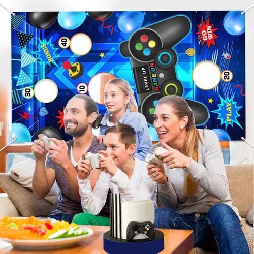 Vista 4 de Videojuegos de lanzamiento, control de videojuegos de nivel, telón de fondo con 3 bolsas de frijoles para niños, suministros de fiesta