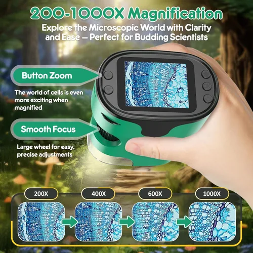 Vista 2 de Microscopio portátil 1000X para niños, pantalla 4K de 2.0 pulgadas, mini microscopios digitales de bolsillo recargable, kit de diapositivas