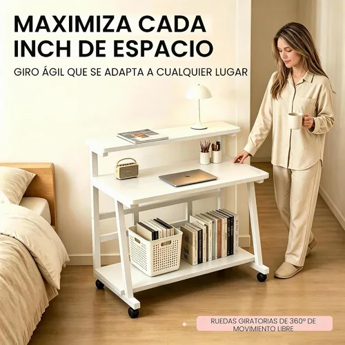 Vista 6 de Escritorio compacto de 39.4 pulgadas para computadora con mesa de trabajo de niveles y ruedas con bloqueo, escritorio pequeño para dormitorio