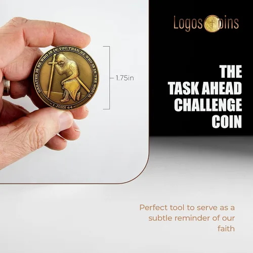 Vista 3 de The Task Ahead Coin, paquete a granel de 10, I Can Do All Things, monedas de desafío, chapado en oro antiguo, con un caballero templario arrodillado