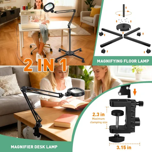 Vista 4 de Lámpara de mesa de aumento de 2 en 1 con luz y soporte, rotación de tres ejes, color infinito, atenuable, lupa iluminada de 12 aumentos, banco