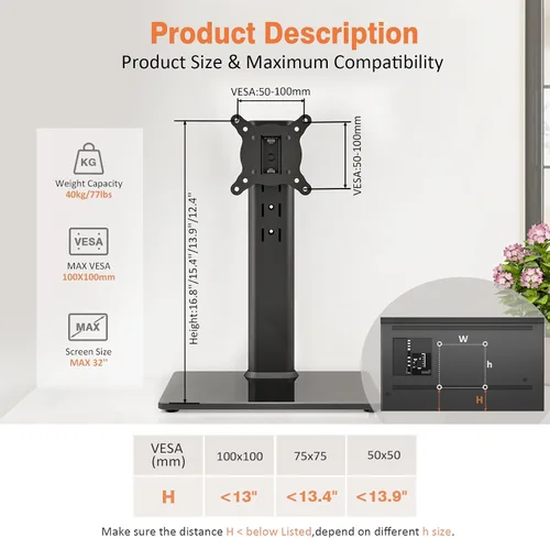 Vista 7 de HT07B-001 - Soporte giratorio universal para televisores de 13 a 32 pulgadas con giro de 100 grados, altura ajustable de 4 niveles, base de vidrio