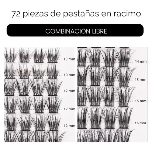 Vista 2 de Pestañas en racimo, 72 pestañas individuales, extensiones de pestañas postizas, kit de extensión de pestañas postizas reutilizables, aspecto
